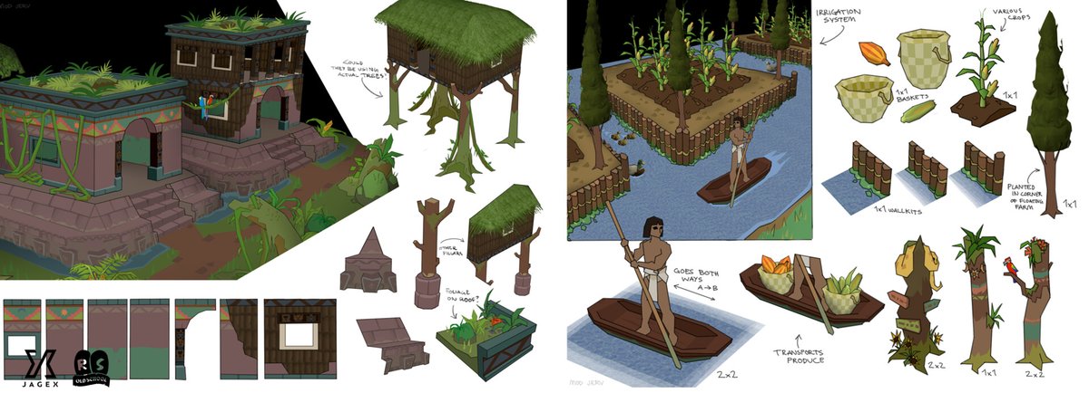 JagexJerv's tweet image. Tlati Rainforest environment designs, Tal Teklan, Kastori and entrance to the Crypts of Tonali.
