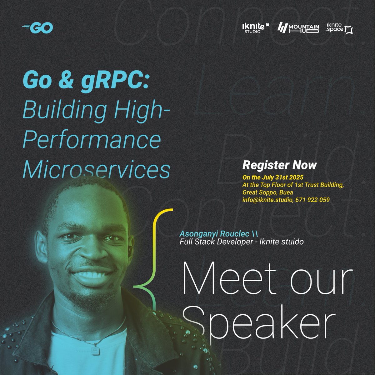 iknite studio (@iknitestudio) on Twitter photo West/Central African Gophers Meetup is back!
🚀 Learn about Go & gRPC: Building High-Performance Microservices with Rouclec.
📅 July 31 | 🕐 1–4PM
📍 Mountain Hub, Buea
🔗 Register: lnkd.in/eRBRE_nk
#Go #Golang #IkniteSpace #DevCommunity #MountainHub West/Central African Gophers Meetup is back!
🚀 Learn about Go & gRPC: Building High-Performance Microservices with Rouclec.
📅 July 31 | 🕐 1–4PM
📍 Mountain Hub, Buea
🔗 Register: lnkd.in/eRBRE_nk
#Go #Golang #IkniteSpace #DevCommunity #MountainHub