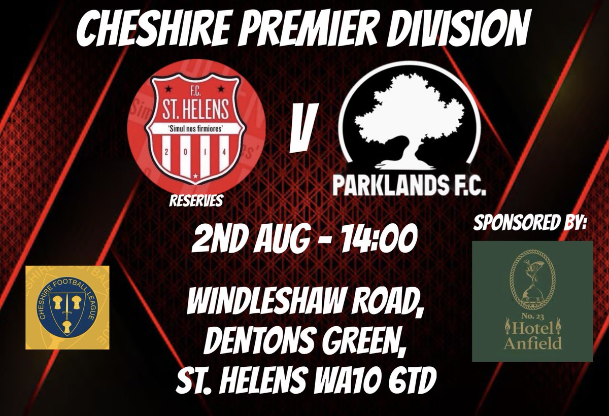 Parklands FCπ³ (@parklandwidi) on Twitter photo First team:
π <a href="/fcsthelens/">F C St.Helens</a> Res
ποΈ WA10 6TD
π Sat 2/8
π 14:00 KO
π <a href="/CheshireFL/">Cheshire Football League β½οΈ</a>
π€ <a href="/hotelanfield/">Hotel Anfield | 23 Anfield Rd</a>
#grassrootsfootball #widnes #cheshirefl
#halton #football #localfootball #11aside #mensfootball #nonleague First team:
π <a href="/fcsthelens/">F C St.Helens</a> Res
ποΈ WA10 6TD
π Sat 2/8
π 14:00 KO
π <a href="/CheshireFL/">Cheshire Football League β½οΈ</a>
π€ <a href="/hotelanfield/">Hotel Anfield | 23 Anfield Rd</a>
#grassrootsfootball #widnes #cheshirefl
#halton #football #localfootball #11aside #mensfootball #nonleague