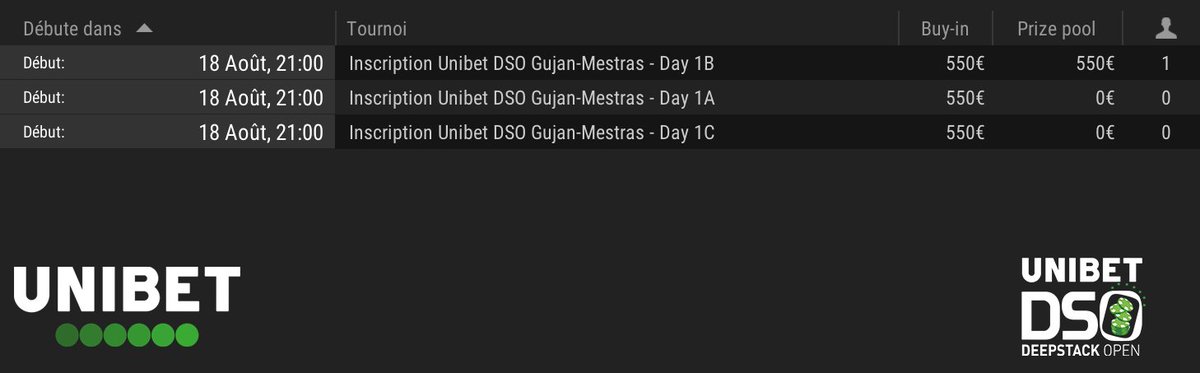 Unibet_Poker_Fr's tweet image. UDSO @DeepStackOpen Gujan-Mestras 🍇🍷♠
Les inscriptions en ligne sont disponibles directement dans le lobby MTT pour le Main Event de l'UDSO Gujan-Mestras. Vous avez jusqu'au 18 Août pour vous inscrire.
En attendant vous pouvez toujours vous qualifier pour 50€ chaque…