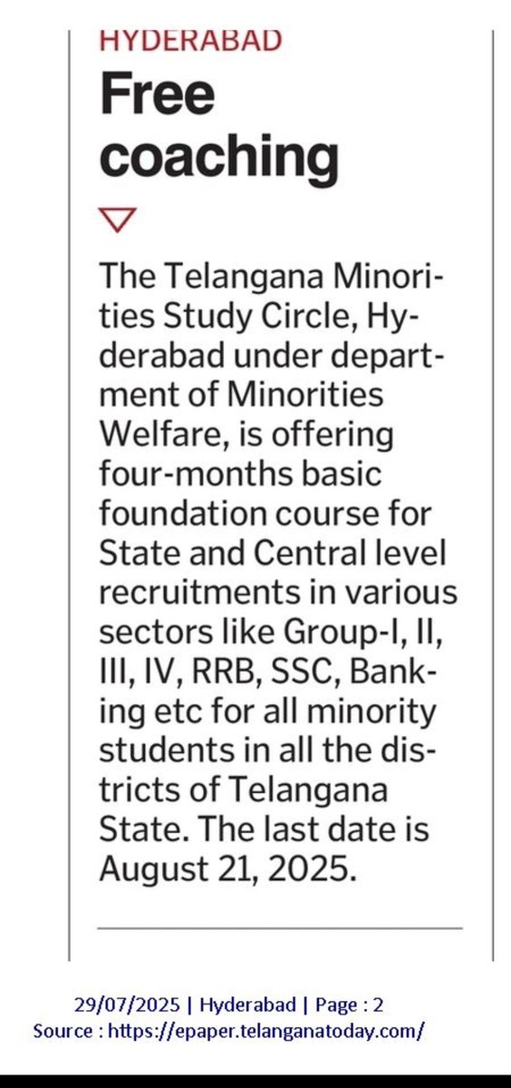 📢 Attention Minority Students!

🎓 Telangana Minorities Study Circle, Hyderabad is offering FREE 4-month foundation coaching for Group I–IV, SSC, RRB, Banking &amp; more!

🗓️ Last date to apply: August 21, 2025

📍Across all districts of Telangana.

#Empowerment #FreeCoaching