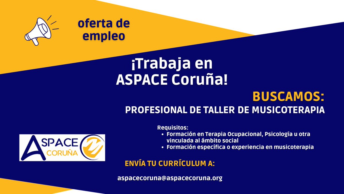 ASPACE Coruña (@aspacecoruna) on Twitter photo 📣OFERTA DE EMPLEO: ASPACE Coruña pondrá en marcha un Taller de Musicoterapia y selecciona personal especializado para la realización de esta terapia con personas con parálisis cerebral. Envíanos tu currículum a aspacecoruna@aspacecoruna.org.
#SomosASPACE #musicoterapia 📣OFERTA DE EMPLEO: ASPACE Coruña pondrá en marcha un Taller de Musicoterapia y selecciona personal especializado para la realización de esta terapia con personas con parálisis cerebral. Envíanos tu currículum a aspacecoruna@aspacecoruna.org.
#SomosASPACE #musicoterapia