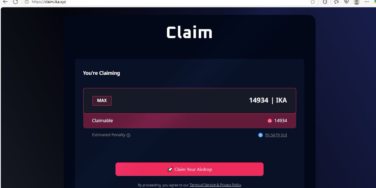 ✨CLAIM $IKA 
🔹Link:
claim.ika.xyz 

♻️Anh em muốn claim luôn thì vào đá penalty đốt SUI, với giá trị 50% $IKA, còn không chờ 3 tháng sau claim free.

♻️Gía đang 0.03$ trên Gate, mình sẽ thả trôi 30k $IKA, khi nào cảm thấy thích hợp thì claim vậy.
Vẫn câu