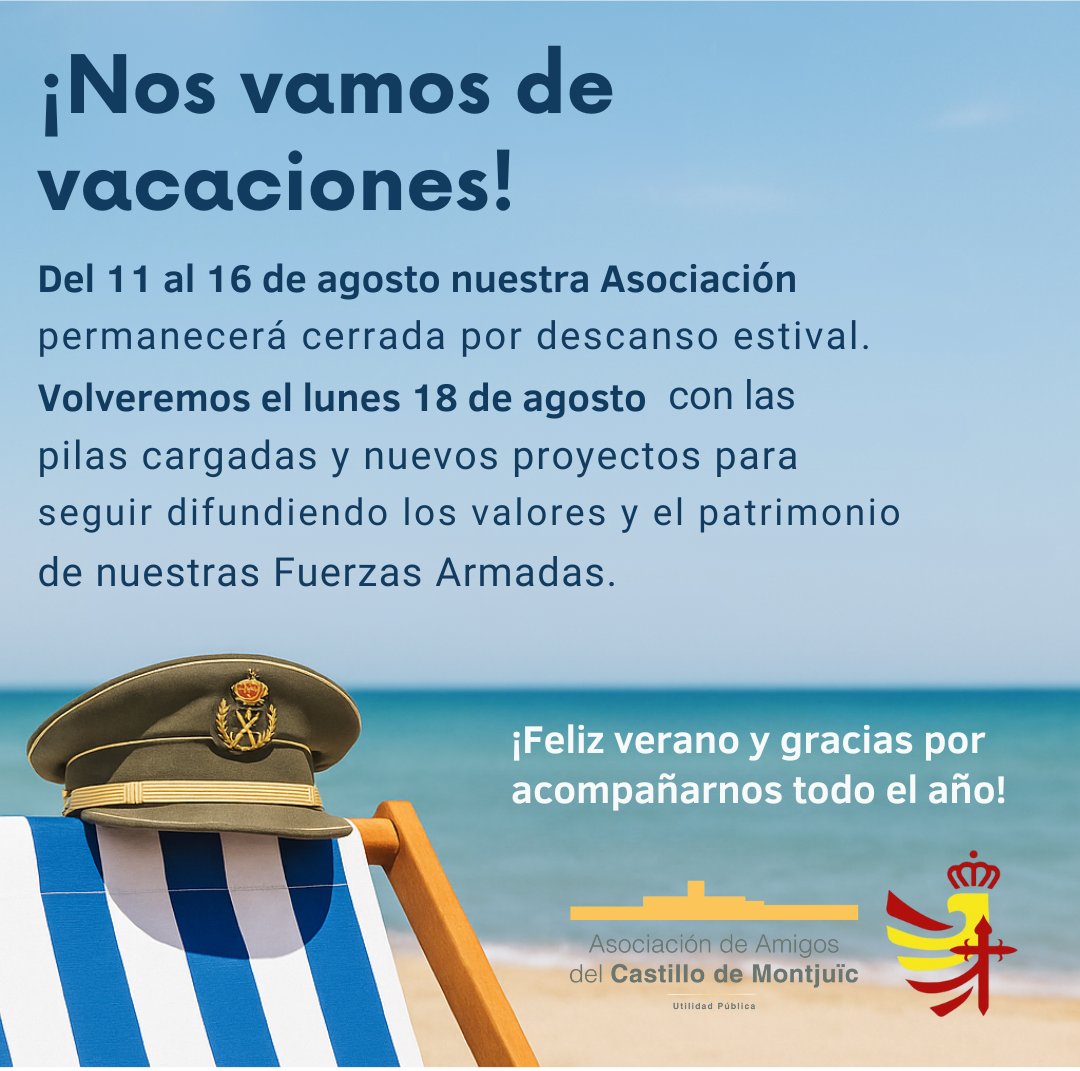 CastMontjuic's tweet image. 🌞🌊⛵️🏖¡Nos vamos de vacaciones!

Gracias por acompañarnos hasta ahora y apoyar nuestros proyectos🤗

¡Sigue conectado con nosotros y nos vemos en un par de semanas!

#vacaciones #descansoestival #AACM #castillomontjuic
