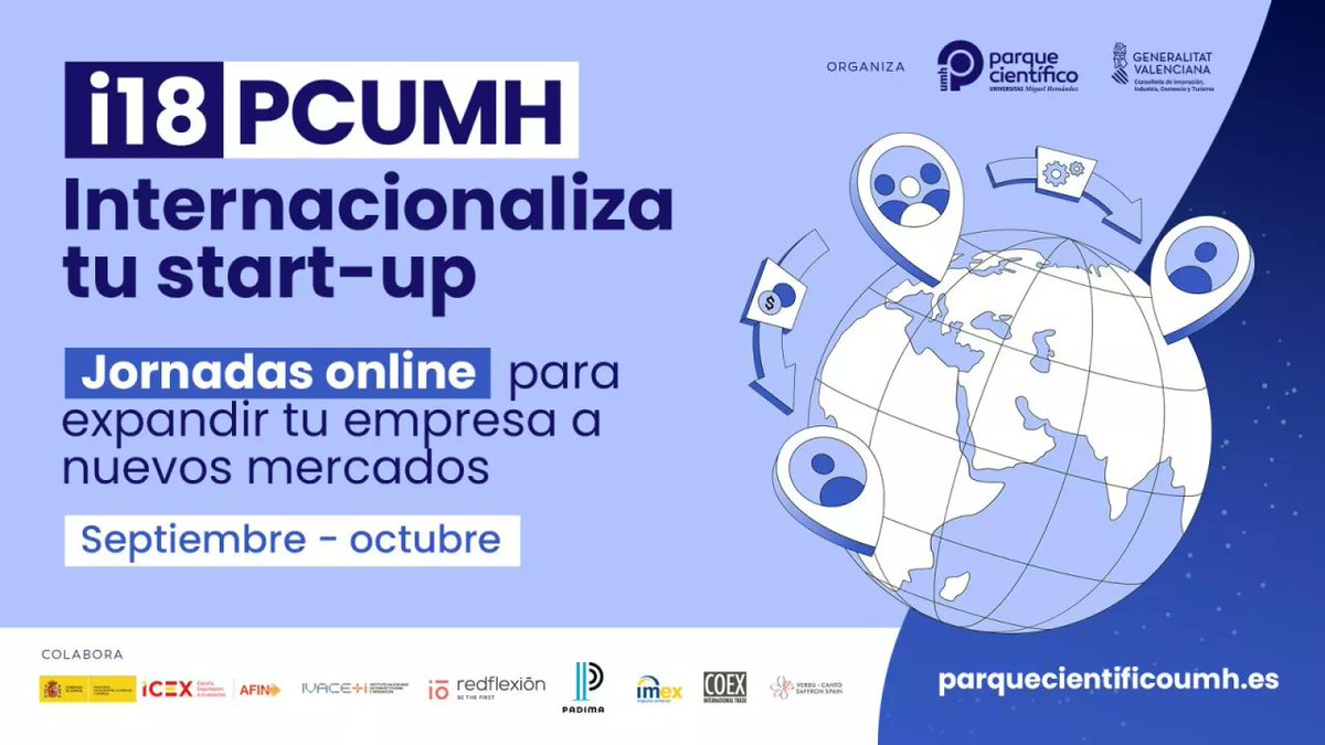 ¿Pensando en dar el salto internacional con tu empresa?  
🌐Desde el #ParqueCientífico <a href="/UniversidadMH/">UMH</a> 
lanzamos un nuevo programa formativo online dentro de la iniciativa  i18 PCUMH    

📍 Toda la información e inscripciones: parquecientificoumh.es/noticias/jorna…