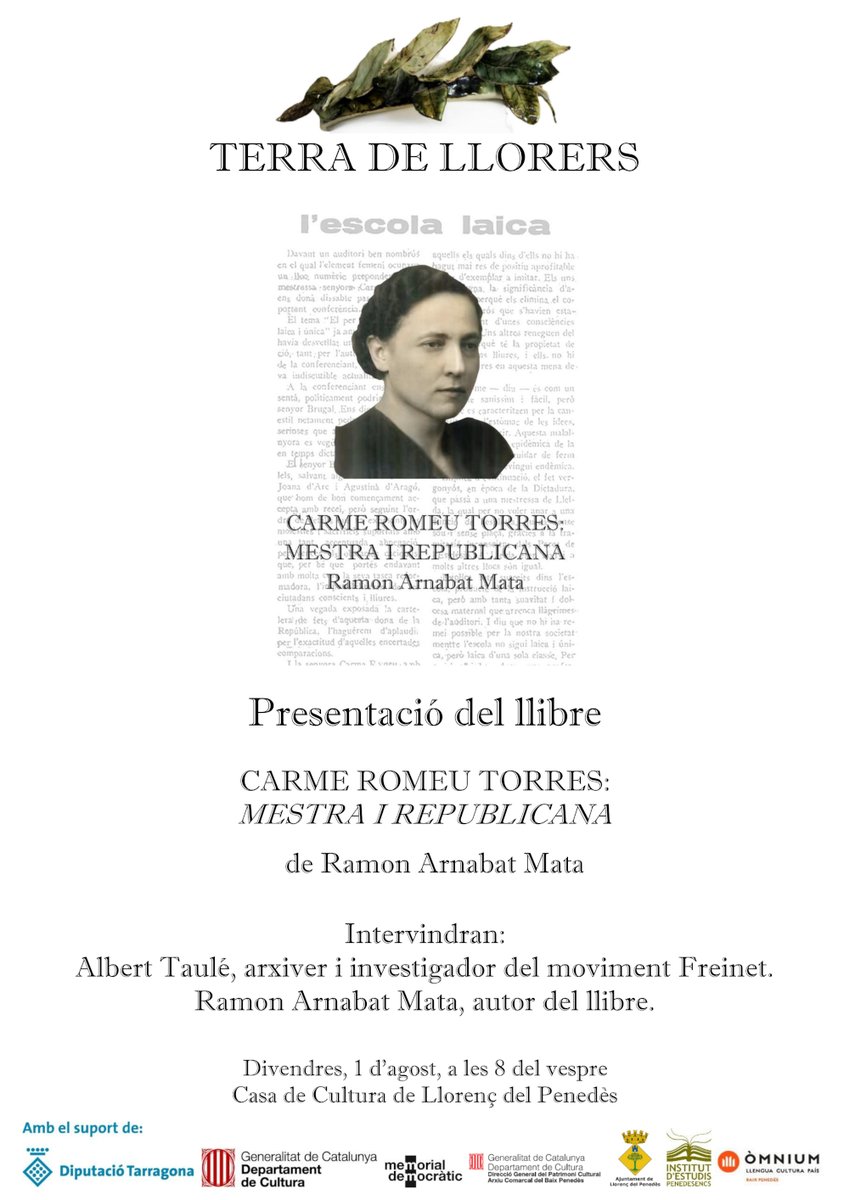 IEPenedesencs's tweet image. Presentació del llibre "Carme Romeu Torres: mestra i republicana"
🗓️ Divendres 1 d'agost 2025
🕒 20:00 hores
🏫 Casa de Cultura
📌 Llorenç del Penedès
Intervindran:
@albert_taule, arxiver i investigador del moviment Freinet.
@RamonArnabat, autor del llibre.