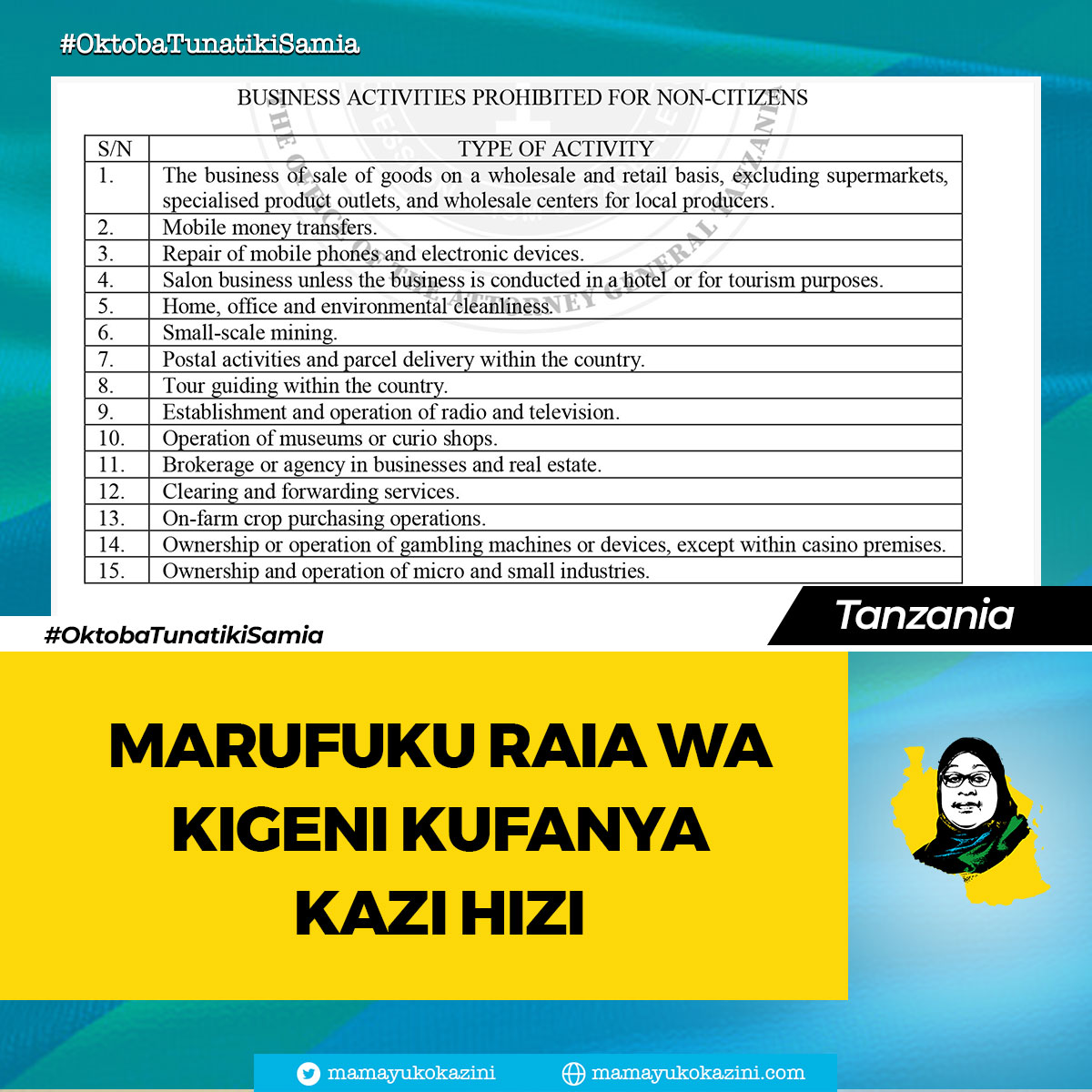 Mama analinda ajira za wazawa.

Serikali imepiga marufuku wageni kufanya shughuli za wazawa, lengo likiwa ni kulinda ajira za wananchi na kuvutia wageni kuwekeza kwenye miradi mikubwa.

#OktobaTunatikiSamia