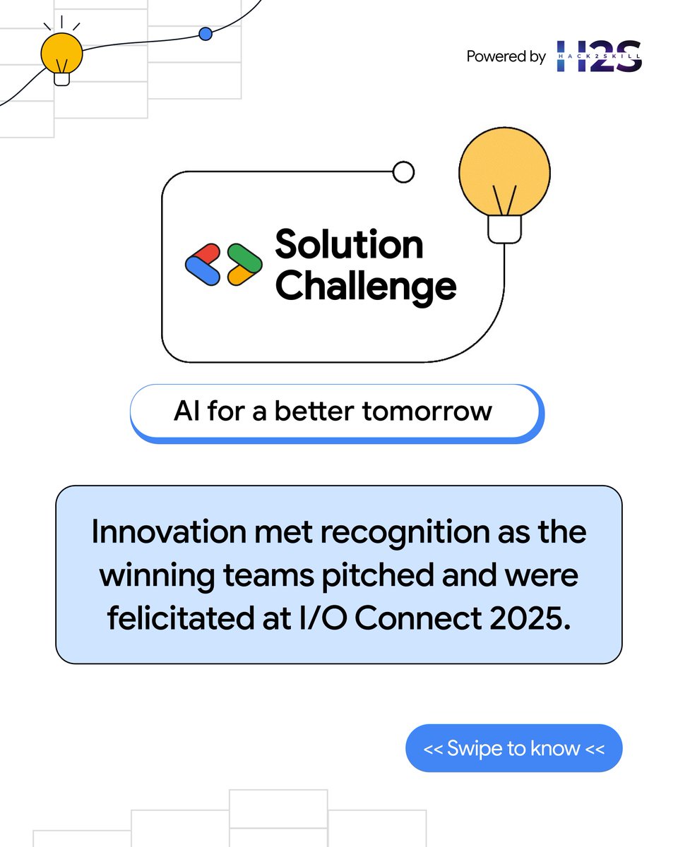 hack2skill's tweet image. Winning teams from #GDGonCampus Solution Challenge 2025 were felicitated at #IOConnect2025 after pitching their winning prototypes in front of industry leaders. 🏆
#SolutionChallenge #Hack2skill
