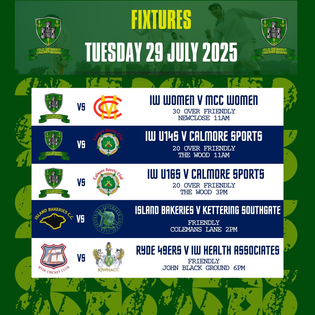 Our Women's side are underway at Newclose as the MCC Women's tour concludes with a 30 over match.

The U14s are also currently in action as they face Calmore Sports at Northwood, before the U16s face the same club this afternoon.

A couple of friendlies finish today's list!