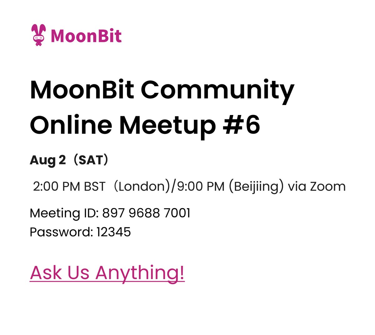 MoonBit (@moonbitlang) on Twitter photo 🎉 The next MoonBit Community Meetup is coming this Saturday(8.2)!
🌙 Join us for a global conversation with MoonBit creator <a href="/bobzhang1988/">Hongbo Zhang</a>
🧭 Topic: What’s next after the MoonBit Beta — and a preview of 1.0!
📅 Add to calendar: calendar.app.google/mydS9eD9QqF5WH…
📝 Submit your questions 🎉 The next MoonBit Community Meetup is coming this Saturday(8.2)!
🌙 Join us for a global conversation with MoonBit creator <a href="/bobzhang1988/">Hongbo Zhang</a>
🧭 Topic: What’s next after the MoonBit Beta — and a preview of 1.0!
📅 Add to calendar: calendar.app.google/mydS9eD9QqF5WH…
📝 Submit your questions