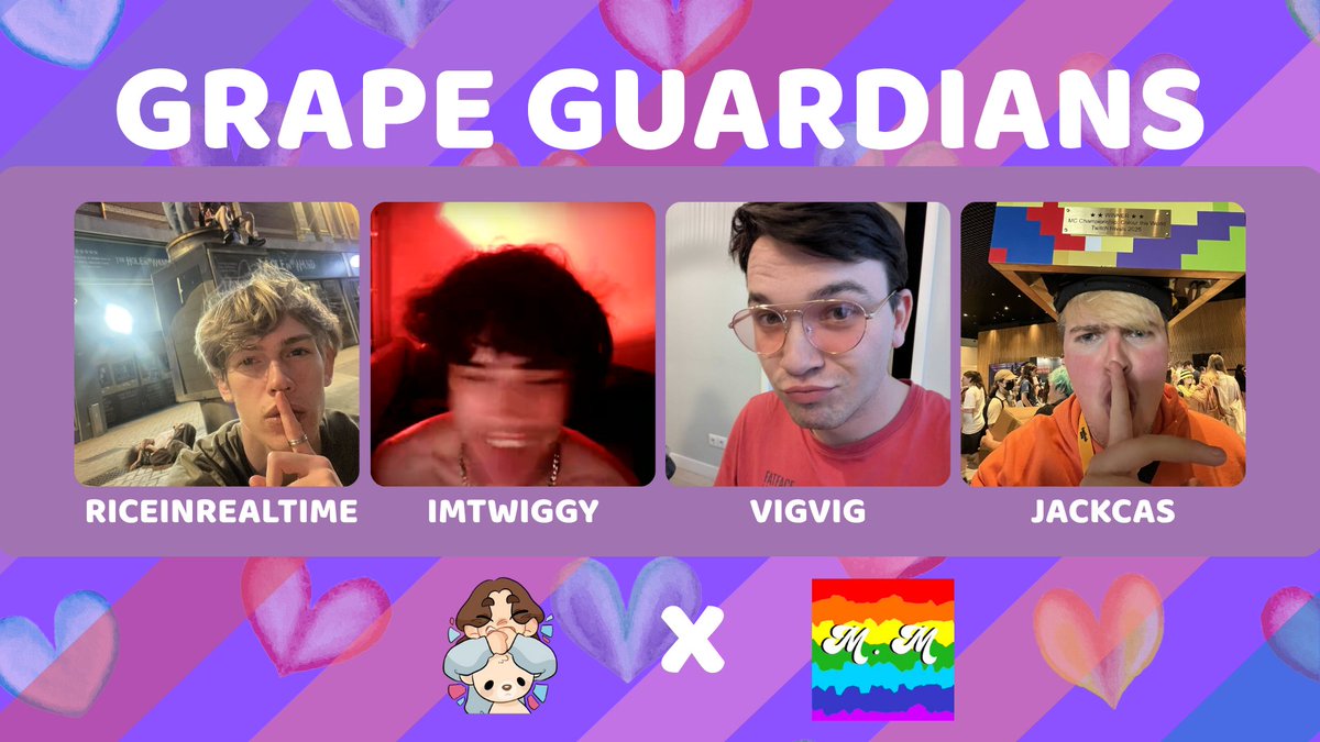 WithMayX🩵 (@withmayx) on Twitter photo ✨Announcing the Grape Guardians!✨
<a href="/RiceInRealTime/">Rice</a> <a href="/imtwiggyy/">ImTwiggy🫐</a> <a href="/vigvig_000/">VigVigVigVigVigVigVigVigVigVigVigVigVigVigVigVig</a> <a href="/JackCas_/">Jack</a>
They wanted to be called the Purple Poonani Pum Pum Pleasers so they are no longer allowed to WithMay Slay their way to victory. This Friday at 9 PM CEST | 3 PM EST
🖌️: <a href="/LynxyLiam/">LynxyLiam @ ARCADIA</a> ✨Announcing the Grape Guardians!✨
<a href="/RiceInRealTime/">Rice</a> <a href="/imtwiggyy/">ImTwiggy🫐</a> <a href="/vigvig_000/">VigVigVigVigVigVigVigVigVigVigVigVigVigVigVigVig</a> <a href="/JackCas_/">Jack</a>
They wanted to be called the Purple Poonani Pum Pum Pleasers so they are no longer allowed to WithMay Slay their way to victory. This Friday at 9 PM CEST | 3 PM EST
🖌️: <a href="/LynxyLiam/">LynxyLiam @ ARCADIA</a>