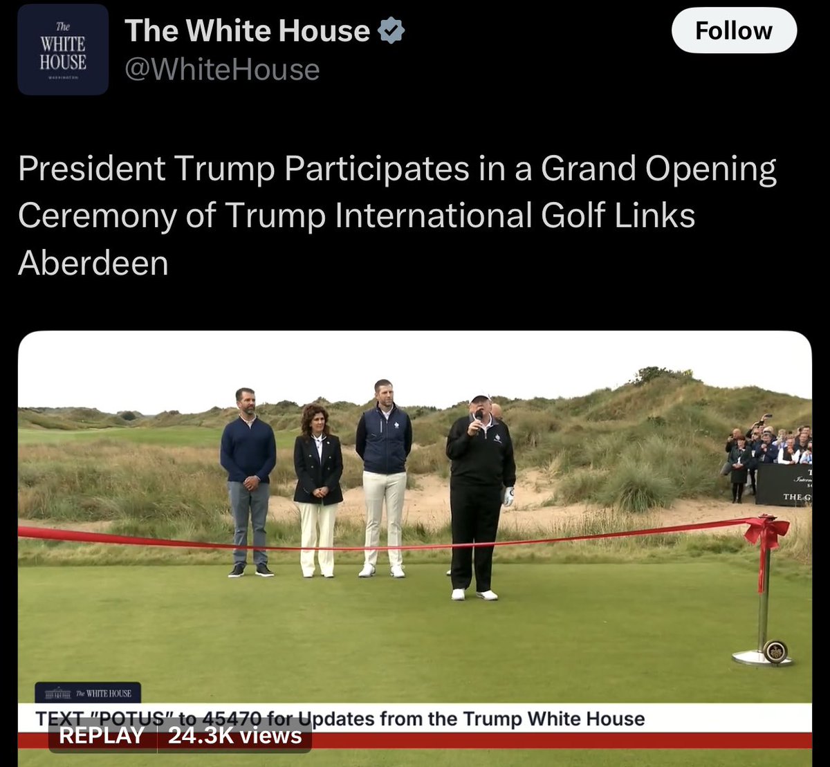 The official White House account of the United States being used to promote the opening of Trump’s new golf course on day 5 of his golfing vacation.