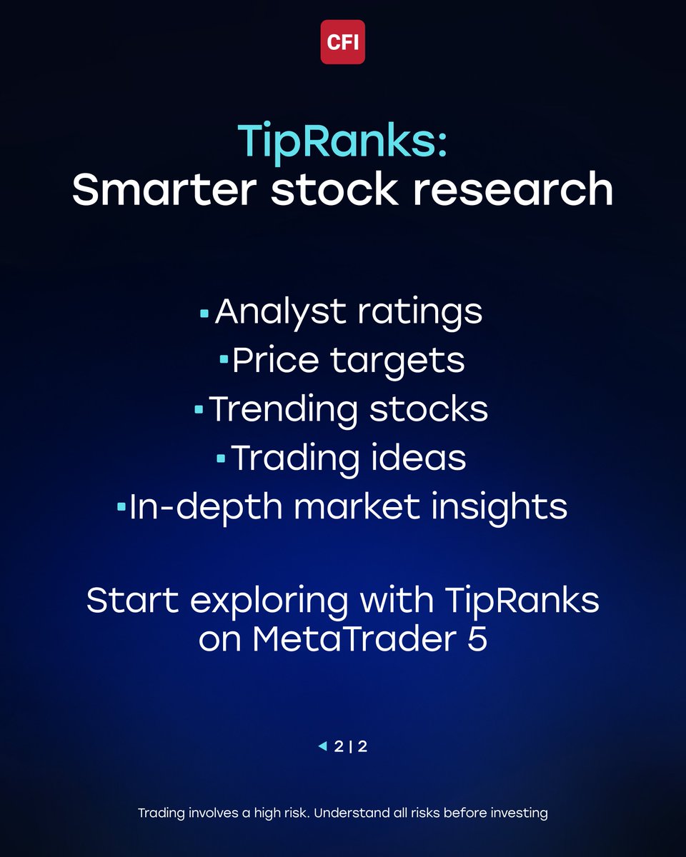 cfigroup_en's tweet image. ❓Why TipRanks matters for traders?
🔹 Spot top-rated stocks
🔹 Filter by sector & market cap
🔹 View analyst rankings & targets
🔹 Find trending trade ideas fast
📲 Get TipRanks free on MetaTrader 5.
#CFI #TipRanks #TradingTools #MetaTrader5 #StockMarket #InvestmentTools