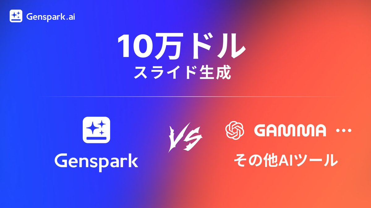 賞金総額1,000,000ドル GENSPARK AI直接対決』第2弾が開催中！ ラウンド2：スライド生成対決 - Genspark vs その他AI  ツール 賞金総額：100,000ドル（1勝ごとに200ドル）