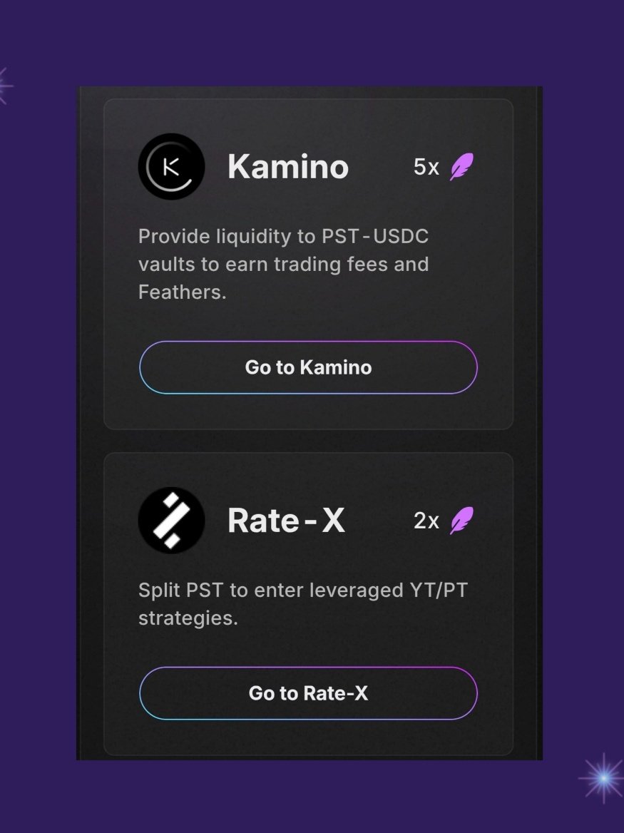 want to max your $huma feather boost before s1 ends? 🪶

&gt; <a href="/KaminoFinance/">Kamino</a>: 5x boost , LP in pst-usdc vaults for fees + feathers

&gt; <a href="/RateX_Dex/">RateX</a>: 2x boost ,  split pst into yt/pt for leveraged strat

pair this with 5k+ staked $HUMA to lock in s2 eligibility for yapping