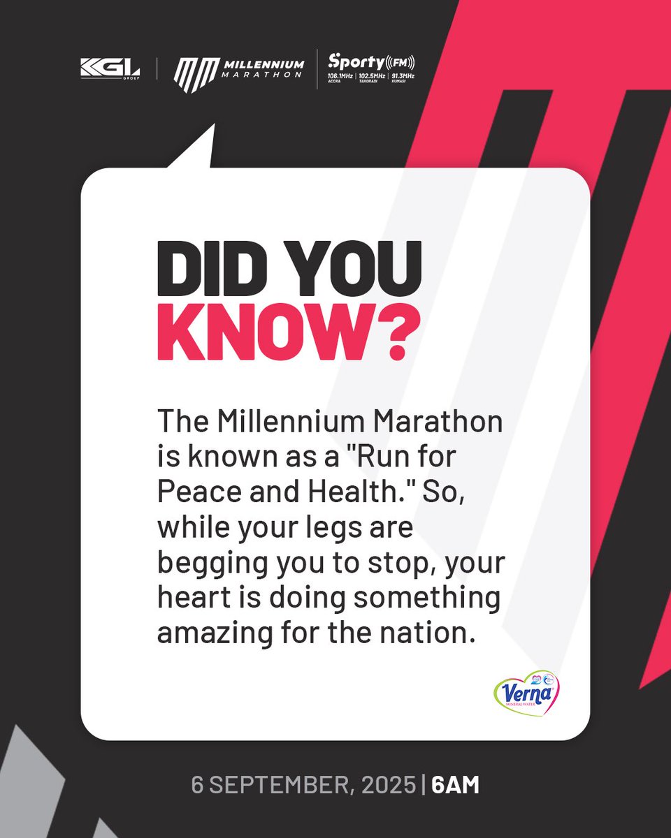SportyFM_'s tweet image. 3️⃣9️⃣ days more to the start of Ghana’s biggest half marathon. Are you ready for the #MillenniumMarathonGhana in Accra? 🏃🏿♂️
#halfmarathon #5kmrun #SportyFM