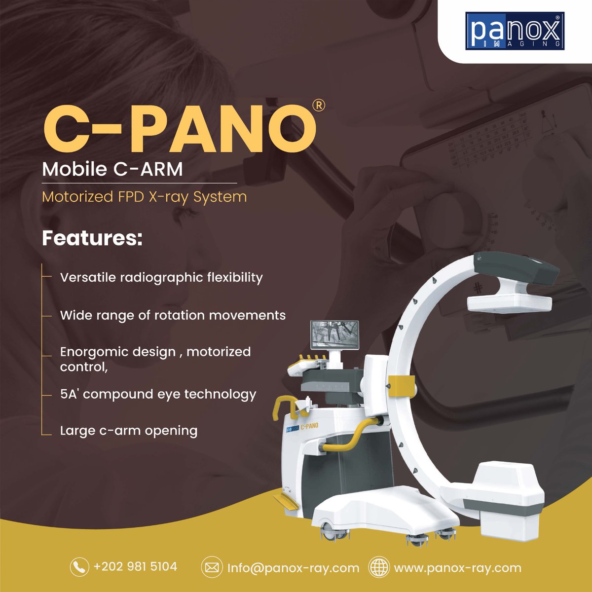 PanoxImaging's tweet photo. Introducing the Panox C-pano Mobile C-arm X-ray System:
- Multi-angle movement for imaging precision
- Smart 5-axis motion control
- 5A’ Compound Eye Imaging Tech
- High-DQE flat panel detector

Versatile. Accurate. Efficient.

#Panox #MobileCArm #XraySystem #MedicalImaging https://t.co/Hoh7NNm81y