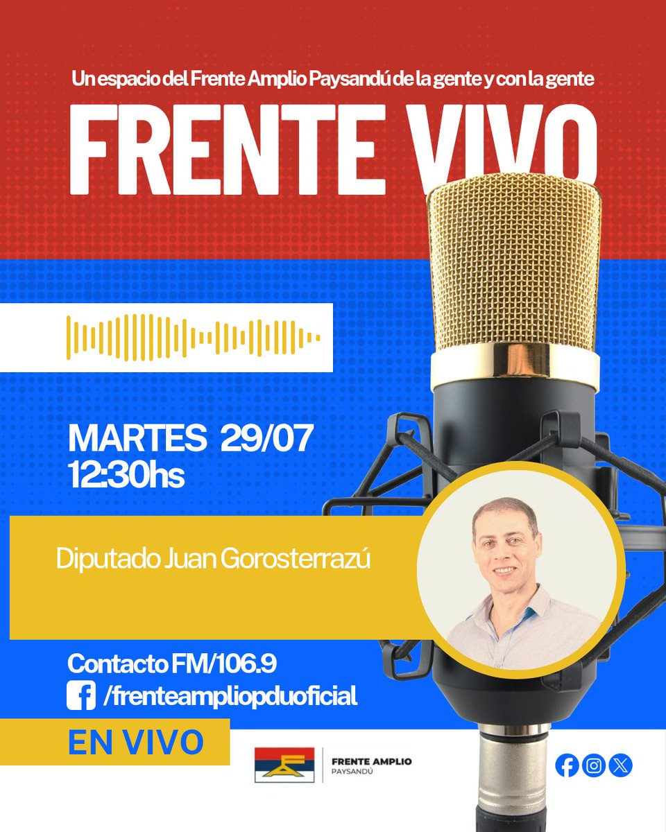 Cómo todos los martes nos encontramos en FM Contacto y nuestra página oficial del Frente Amplio Paysandú.
Hoy con el compañero Diputado Juan Gorosterrazú.