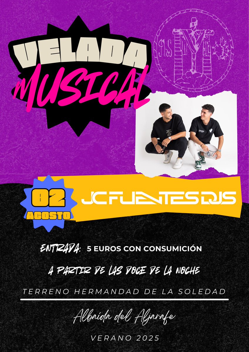 𝐕𝐄𝐋𝐀𝐃𝐀 𝐌𝐔𝐒𝐈𝐂𝐀𝐋 con 𝐃𝐉 𝐉𝐂 𝐅𝐔𝐄𝐍𝐓𝐄𝐒, el próximo sábado 2 de agosto en nuestro Terreno. Entrada: cinco euros con consumición.