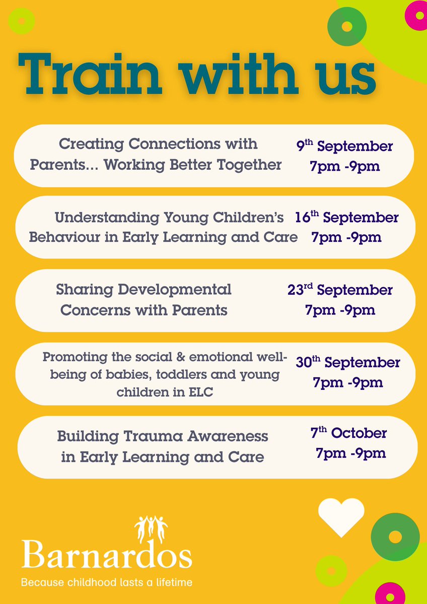Have you started planning your team development for the autumn?

We have a full schedule live now on our website: barnardos.ie/early-years-de…

#EarlyYears #ProfessionalDevelopment #EarlyLearning