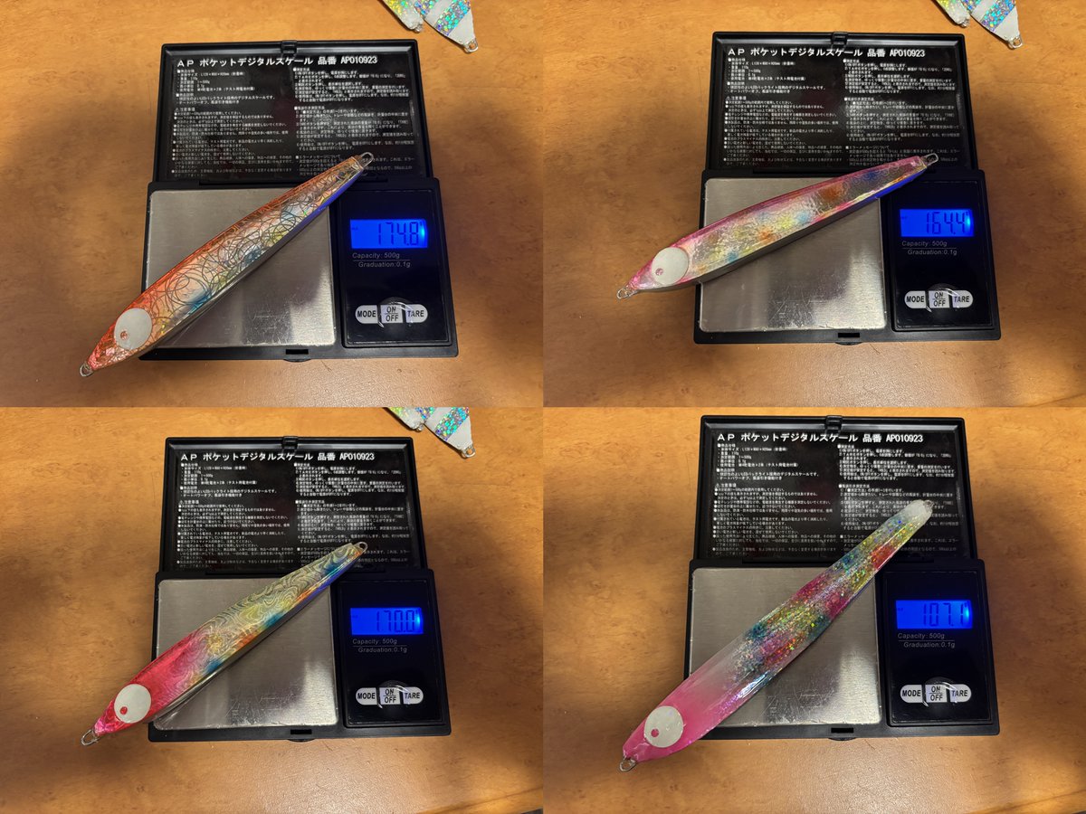 umi_kozo's tweet image. TGFより弾薬補給便

松山沖用です
大体このくらいの重量があれば
どうにでもなるかな

カラーはオーダー
ファット(スロージグ)は俺の要望
一個は持っていたかったので

さてちょっと削って手直しして！
ってｗ

最後のどぶ漬け作業は大体こっちで（笑）

#TGF 
#メタルジグ　
#松山沖　
#遊漁船元丸