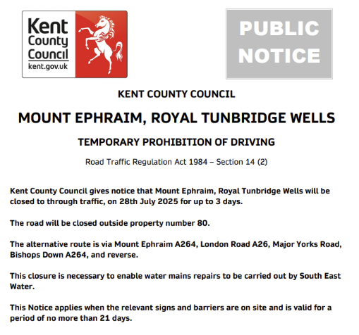 KentHighways's tweet image. Tunbridge Wells, Mount Ephraim: Road closed 28th July for up to 3 days to allow for @sewateruk mains repair works: moorl.uk/?91e0iw