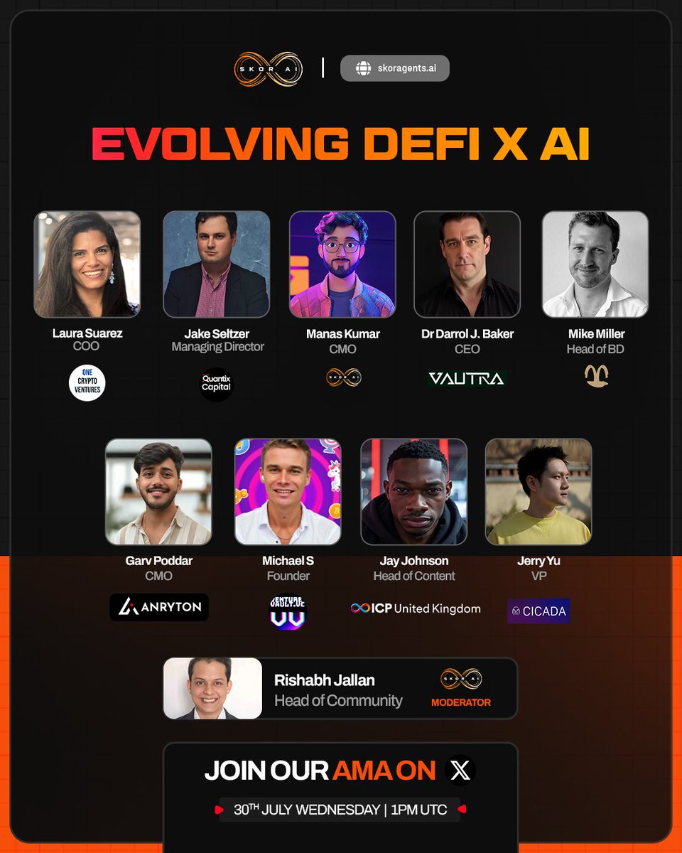theskorai's tweet image. Evolving DeFi x AI 🤖📈

We’re bringing together top minds in AI, DeFi, and Web3 to explore how intelligent automation, agentic infrastructure, and decentralized finance are converging to reshape capital flows, data strategies, and economic coordination.

📅 Date: Wednesday, July…