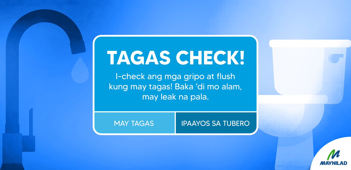 Baka may tagas na sa gripo o flush niyo at ‘di niyo lang napapansin! Kaya bago pa lumaki ang nasasayang na tubig, mag-check na para sa mga tagas! Silipin ang mga gripo at toilet, tignan kung may tumutulo, at ipaayos agad kung kailangan. #WaterSavvyTips