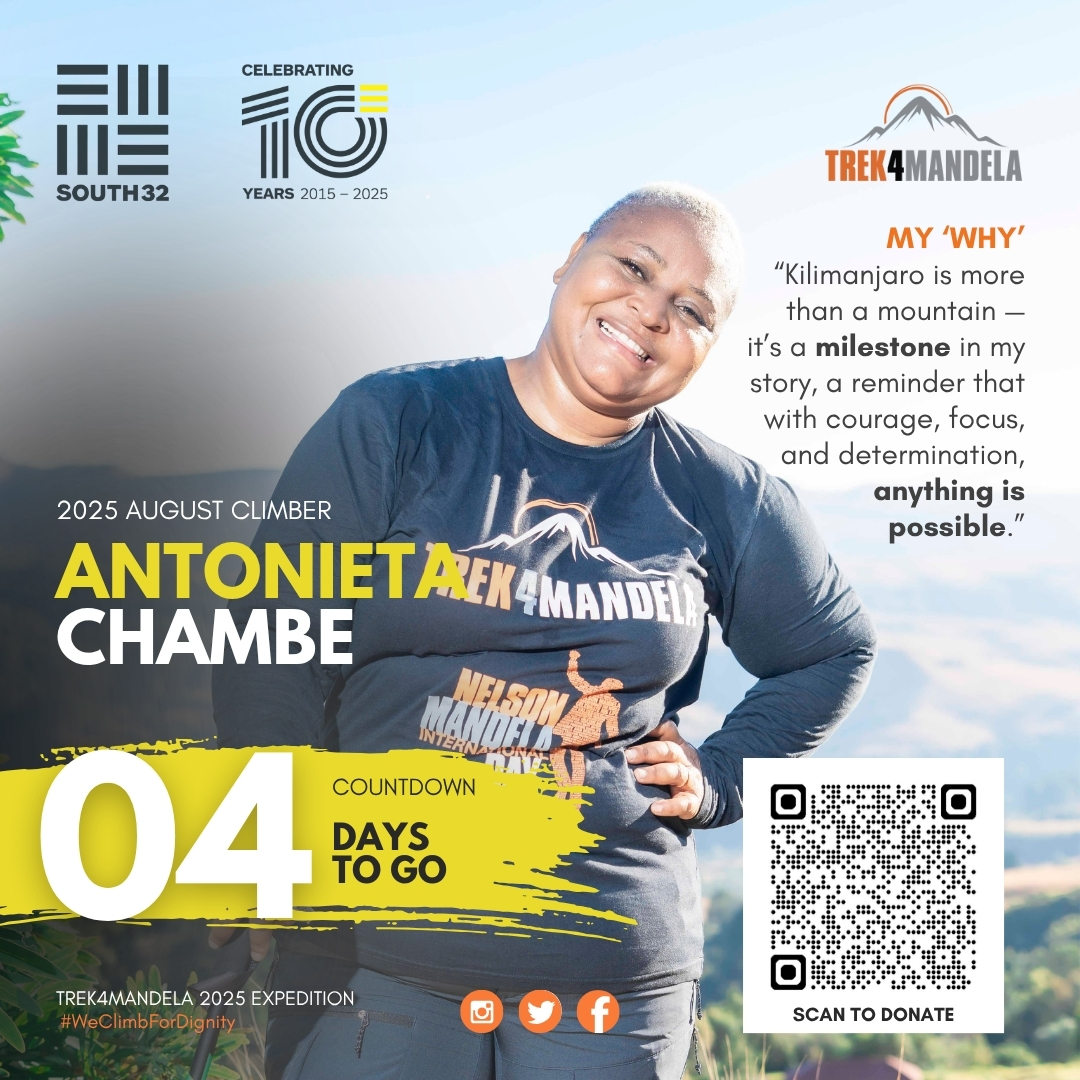 🎉 4 DAYS TO GO! 📷

The excitement builds as we celebrate Antonieta Chambe from <a href="/South_32/">South32</a> , our Trek4Mandela 2025 August Climber.

📲 Scan the QR Code to donate or click here: givengain.com/project/antoni…

#WomensMonth
#WeClimbForDignity
#RoadToKilimanjaro2025