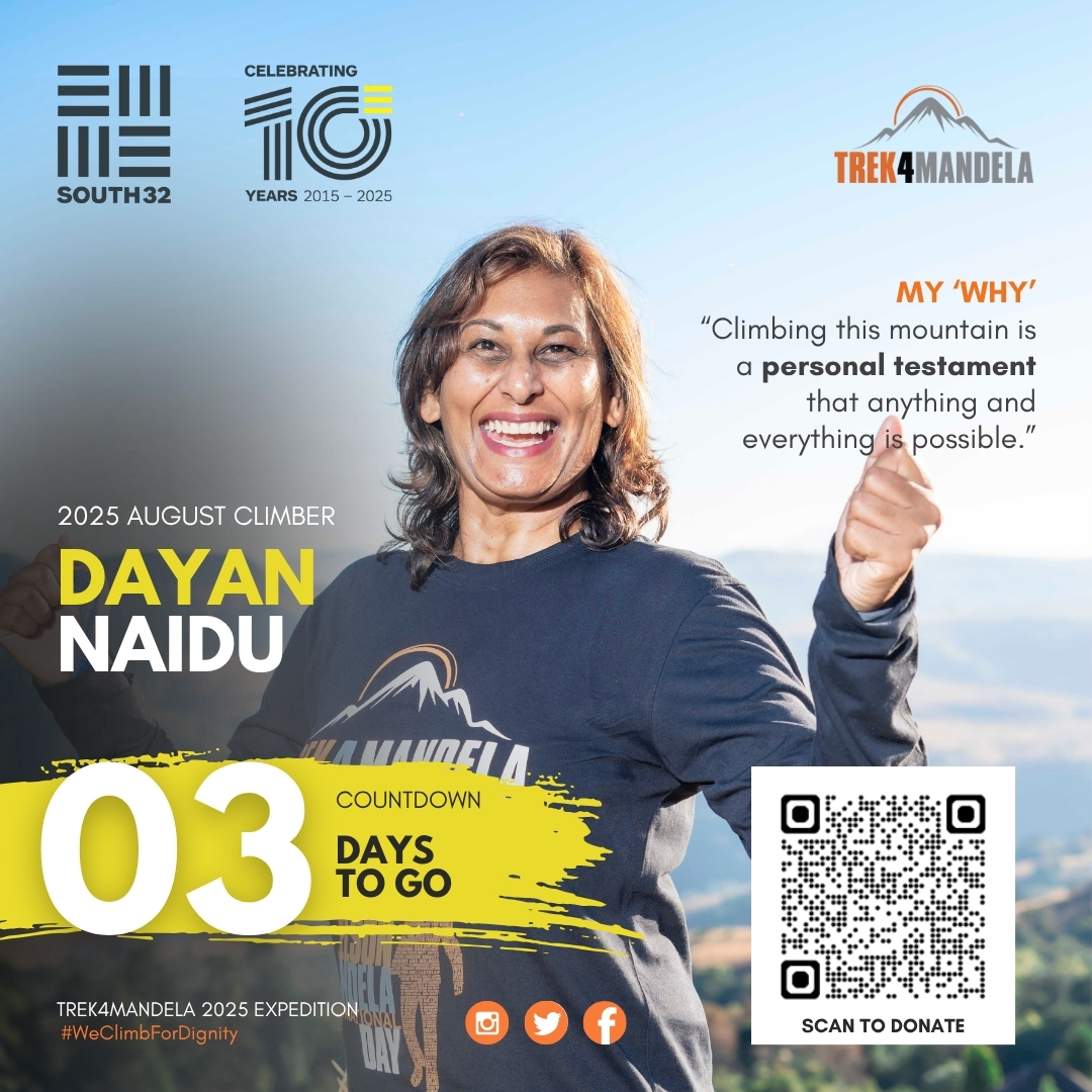 📷 3 DAYS TO GO! 📷

We celebrate Dayan Naidu from <a href="/South_32/">South32</a>, our determined Trek4Mandela 2025 August Climber.

📷 Scan the QR Code to donate or click here: givengain.com/project/dayan-…

One climb. One cause. PERIOD📷!

#South32
#WomensMonth
#WeClimbForDignity
#RoadToKilimanjaro2025