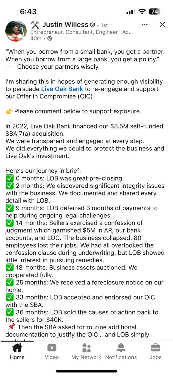 I talked to Justin right after his Acquiring Minds pod was released.  Posting to increase reach. Hoping he can find a solution with the assistance of Live Oak Bank.