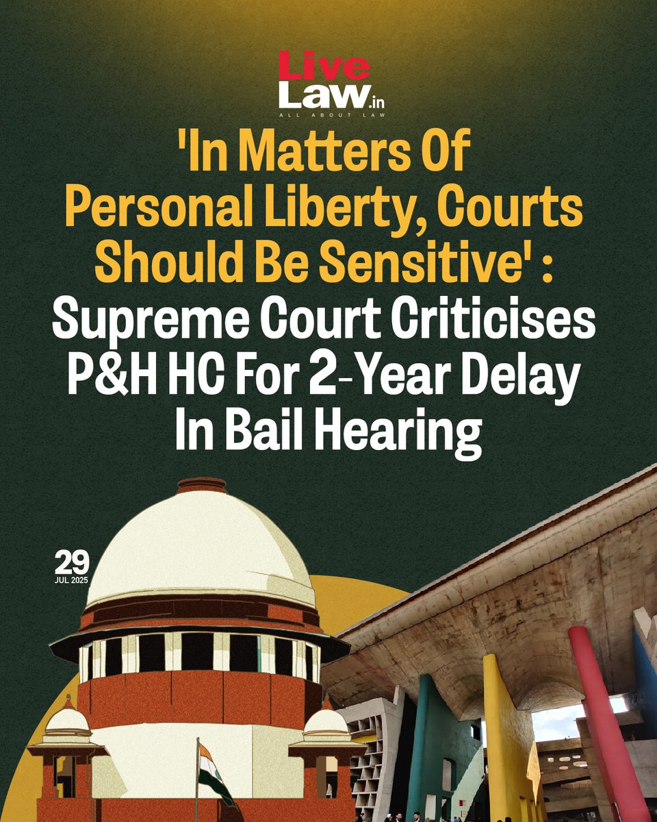 🚨 SC slams Punjab &amp; Haryana High Court for delaying a bail hearing for almost 2 years!

Justice delayed is justice denied — especially when it’s about personal liberty.

Read more: t.ly/nPvUs
#SupremeCourt #JudicialDelay #RightToBail
