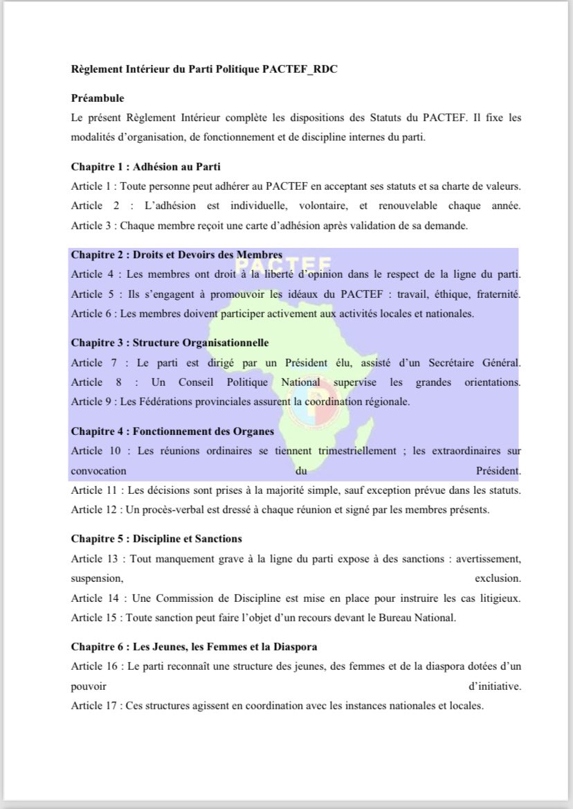 pactef_rdc's tweet photo. REGLEMENT INTERIEUR DU PARTI
POLITIQUE
@pactef_rdc 🇨🇩
« Le don de soi pour la patrie » https://t.co/V3FOXvGUwi
