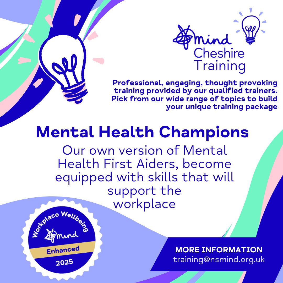Mid Cheshire Mind (@cheshiremid) on Twitter photo Our new Mental Health Champions training is here!
Developed by our qualified trainers, this engaging, flexible course gives individuals and workplaces the tools to spot signs of poor mental health, offer support, and promote wellbeing every day. training@nsmind.org.uk Our new Mental Health Champions training is here!
Developed by our qualified trainers, this engaging, flexible course gives individuals and workplaces the tools to spot signs of poor mental health, offer support, and promote wellbeing every day. training@nsmind.org.uk