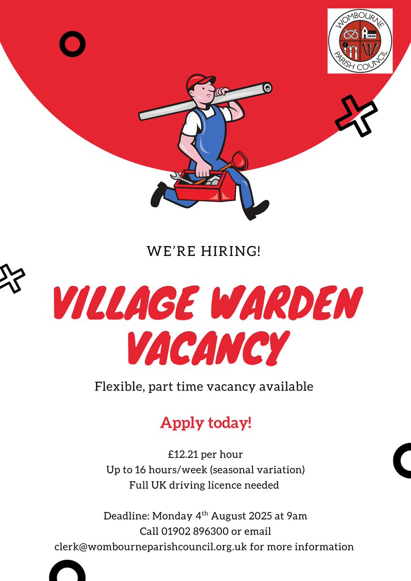 We’re hiring a Village Warden – a brand new role you can shape!
🌿 Work outdoors, make a visible difference &amp; take pride in Wombourne
🕒 Up to 16 flexible hrs/week
💷 £12.21/hr | 🚗 Full UK licence needed

📅 Apply by 9am, Mon 4 Aug
🔗 wombourneparishcouncil.gov.uk
📞 01902 896300