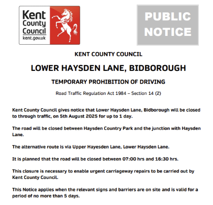 KentHighways's tweet image. Bidborough, Lower Haysden Lane: Road closed 5th August for 1 day (07:00-16:30) to allow for @KentHighways carriageway repair works: moorl.uk/?hmgdl2