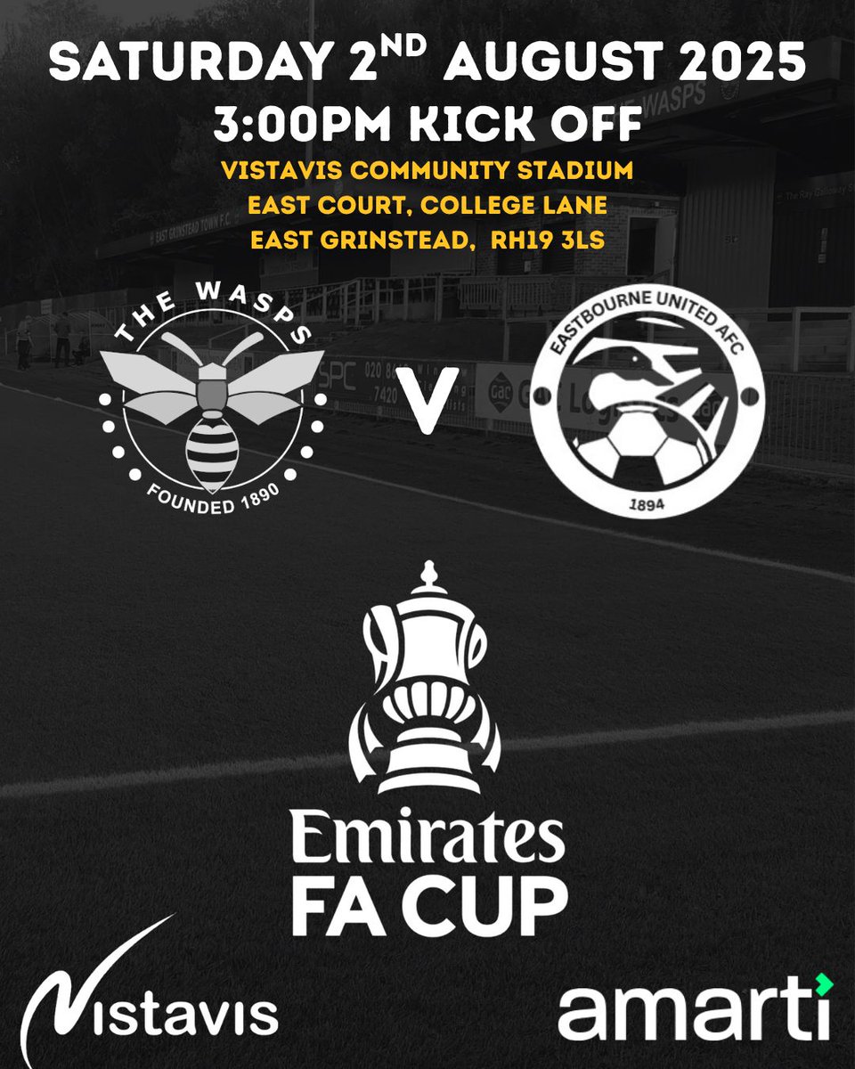 East Grinstead Town FC (@egtfcwasps) on Twitter photo The season proper gets underway this Saturday with the extra preliminary round of <a href="/EmiratesFACup/">Emirates FA Cup</a> where we host Eastbourne United
Gates open from 1.30pm
Kick off 3pm
Come along and support the Wasps.
COYW 🐝🐝🐝 The season proper gets underway this Saturday with the extra preliminary round of <a href="/EmiratesFACup/">Emirates FA Cup</a> where we host Eastbourne United
Gates open from 1.30pm
Kick off 3pm
Come along and support the Wasps.
COYW 🐝🐝🐝