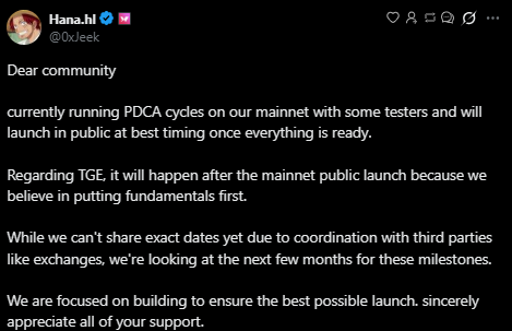 ken_w3b3's tweet photo. I think the @HanaNetwork  community needs to be protected!

The Hana Network founder mentioned that the launch would be in July during the presale, but after the presale ended, the timeline was extended.

He also said that the Top 100 on the leaderboard would get a 0.75% airdrop reward, but then you increased the number of recipients to 1,000 without adjusting the reward amount.

Now he mentions that the TGE could happen in the next few months with very general reasons:

+ coordinating with third parties like exchanges
+ focusing on building to ensure the launch goes well

NFT prices are halving as this founder's information is on X

In my opinion, the team needs to review their decisions and the overall process. The team needs to work for the community! A good development project needs to listen to the community!

Once again I hope Hana will listen and not disappoint the community!