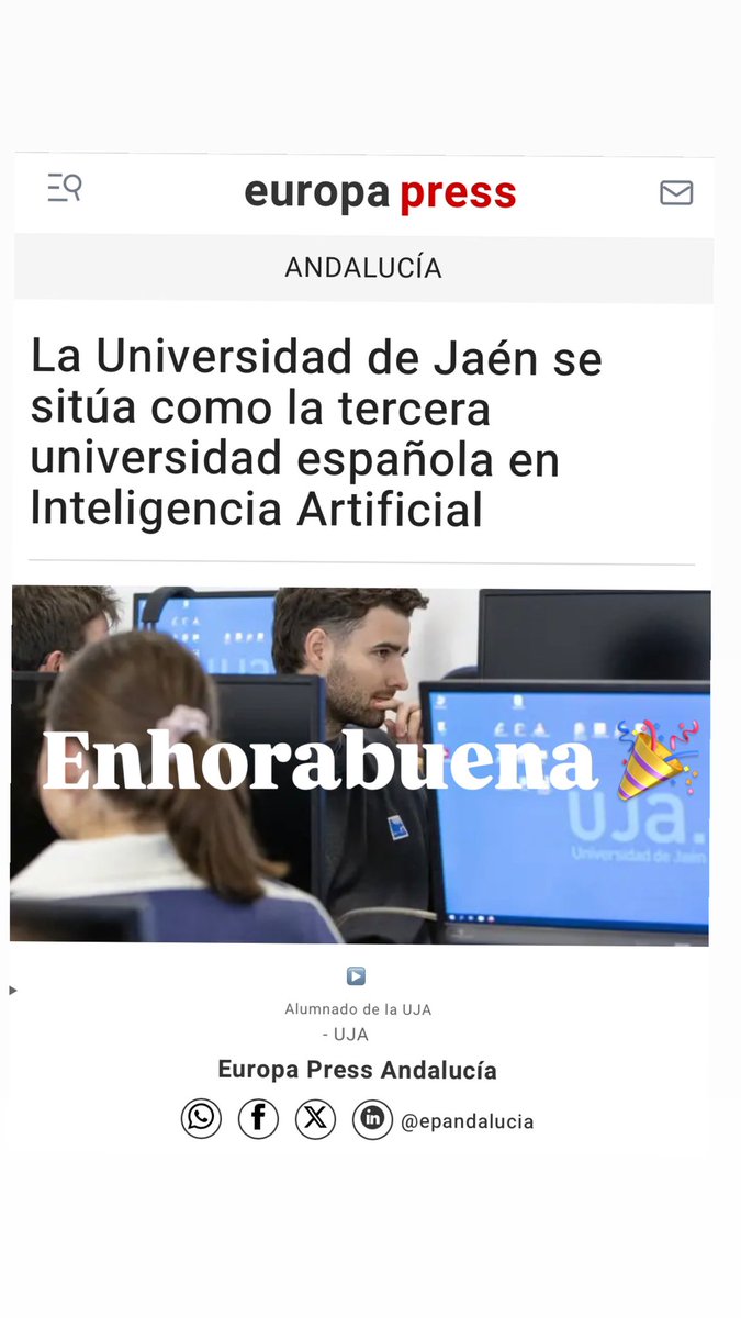 Nicolás Ruiz (@nicolasruizuja) on Twitter photo 🙌 NOTICIÓN!!
🔝 La <a href="/ujaen/">Universidad de Jaén</a> se posiciona como #PRIMERA universidad española en #EnergiasyCombustibles y #TERCERA en #InteligenciaArtificial.
💚Mi #agradecimiento a toda la #comunidaduniversitaria de la #UJA por este gran éxito.
europapress.es/andalucia/noti… 🙌 NOTICIÓN!!
🔝 La <a href="/ujaen/">Universidad de Jaén</a> se posiciona como #PRIMERA universidad española en #EnergiasyCombustibles y #TERCERA en #InteligenciaArtificial.
💚Mi #agradecimiento a toda la #comunidaduniversitaria de la #UJA por este gran éxito.
europapress.es/andalucia/noti…