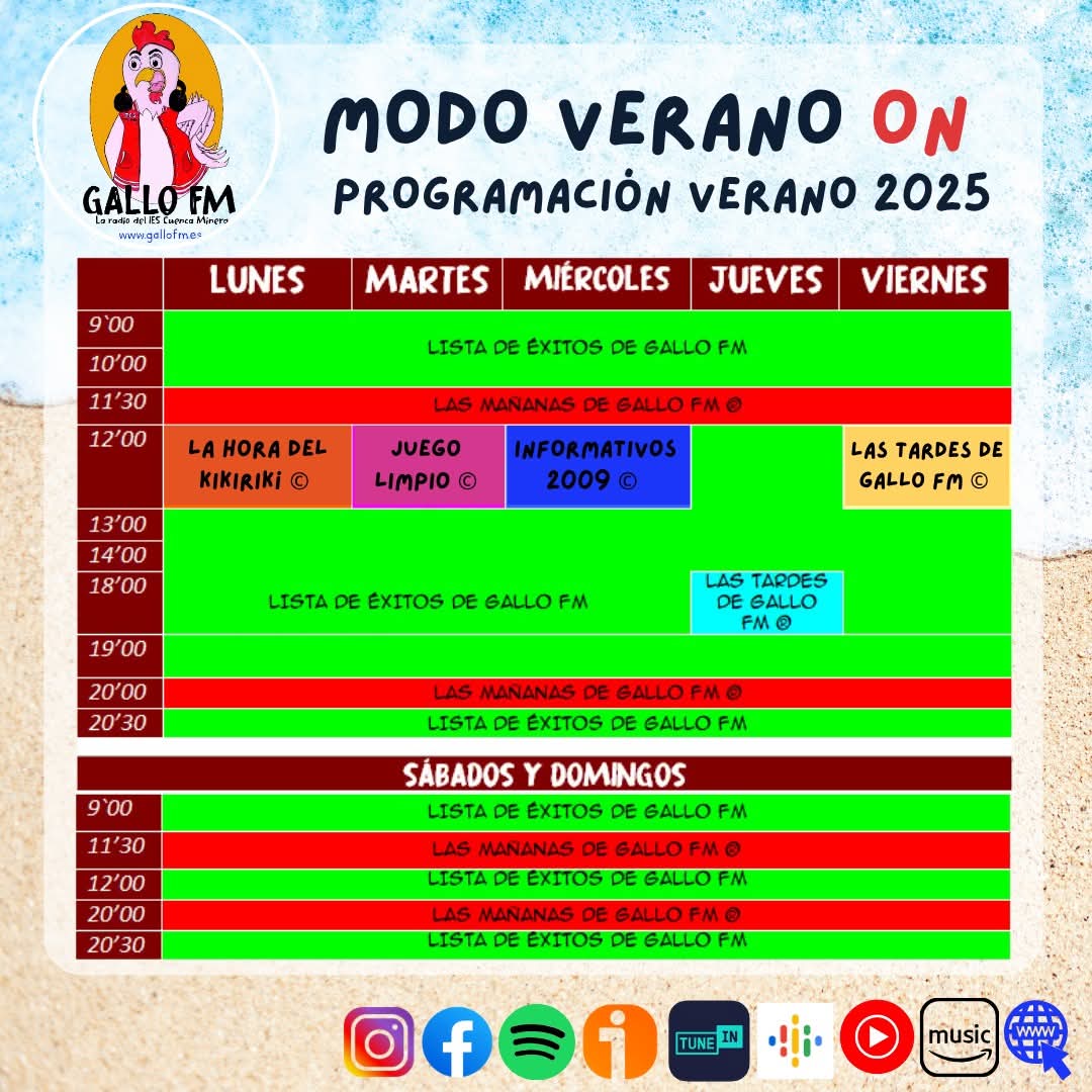 🏖 𝗠𝗢𝗗𝗢 𝗩𝗘𝗥𝗔𝗡𝗢 𝗢𝗡 | Nuestra emisora escolar activa la programación veraniega hasta septiembre! Estas vacaciones sigue disfrutando de tu radio con una selecta lista de éxitos las 24 horas del día y además, revive tus programas favoritos!! 🎶📻

gallofm.es