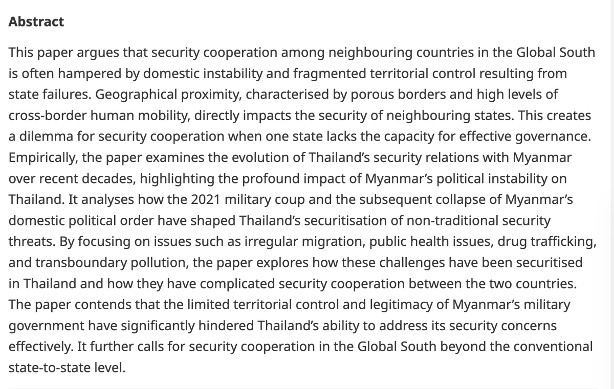 EJIntSec's tweet photo. 🇲🇲🇹🇭 New and open access: "State failure and dilemma of security cooperation among neighbouring countries in the Global South: Evidence from Myanmar and Thailand" from @EnzeHan &amp; Sirada Khemanitthathai (@cmuofficial_tw).

👉 Read here: https://t.co/UBmBffTA0c https://t.co/Sd6NwJRG20