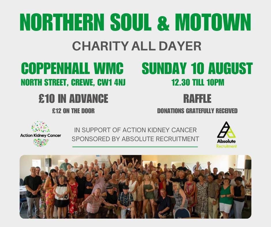 There are still some tickets for this years 5th Anniversary Northern Soul Charity Event.
We are delighted that the Pointon family have organised another fabulous day, the sixth! To raise funds for us.
To buy your tickets:
actionkidneycancer.org/.../norther-so…
#kidneycancer #StrongerTogether