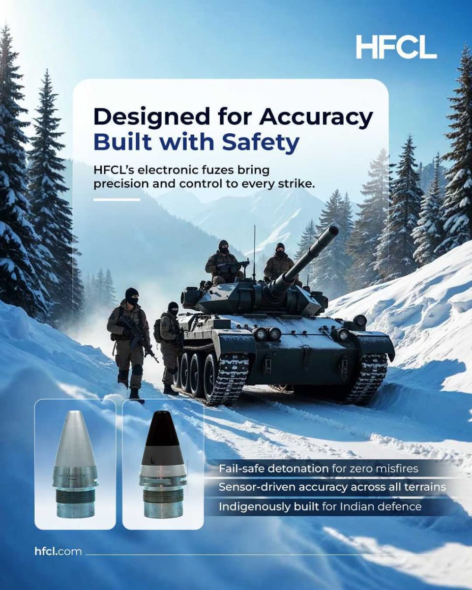Smarter tech. Stronger defence.
HFCL’s Electronic Fuzes bring next-gen precision to every mission.

Built for speed, accuracy, and reliability, even in the most demanding battlefield conditions.
Because one second can change everything.

🔗 Learn more: hfcl.com/defence/electr…