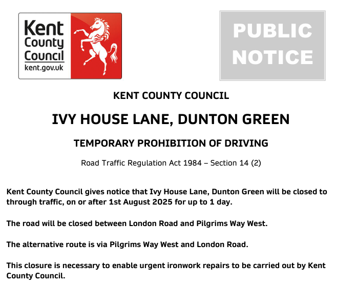 KentHighways's tweet image. Dunton Green, Ivy House Lane. Road closed on 1st August for 1 day for ironworks: moorl.uk/?4co1ab