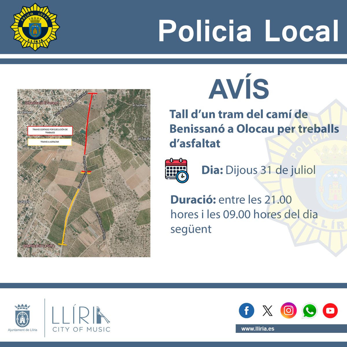 🚧 L'Ajuntament de Llíria informa que, durant la nit del dijous 31 de juliol, està prevista la realització dels treballs d'asfaltat de l'últim tram del camí rural de Benissanó a Olocau. S'iniciaran a les 21.00 h i la seua finalització s'estima puga ser al voltant de les 9.00 h.