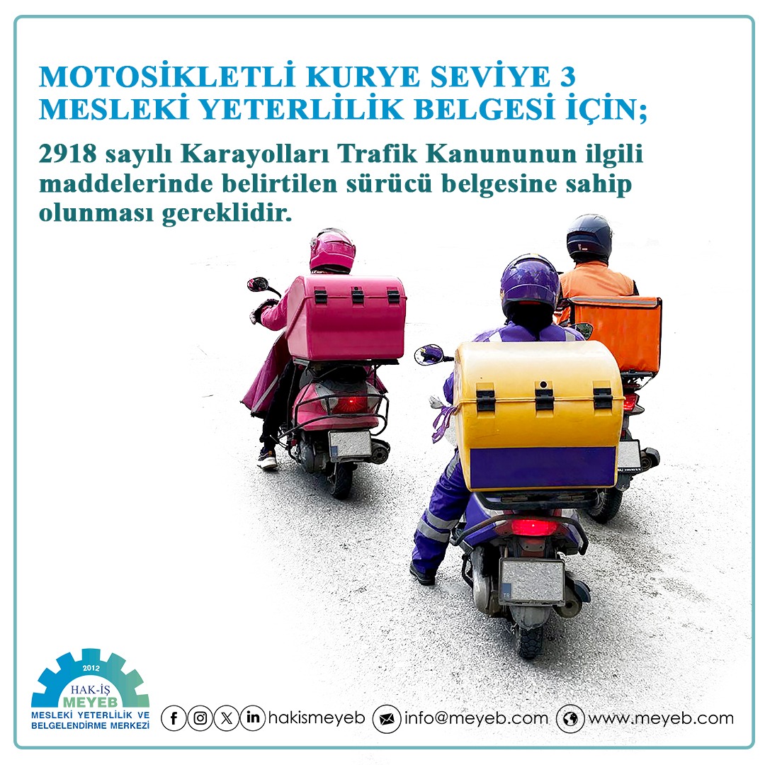 Motosikletli Kurye Seviye 3 Mesleki Yeterlilik Belgesi için, 2918 sayılı Karayolları Trafik Kanununun ilgili maddelerinde belirtilen sürücü belgesine sahip olunması gereklidir.

#meslekiyeterlilik
#motosikletlikurye