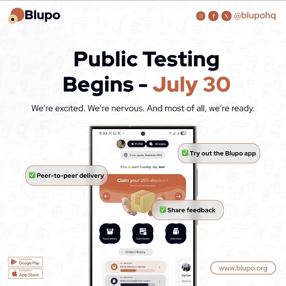 blupohq's tweet image. Public Testing Begins Wednesday July 30th!

We&apos;re kicking off the public testing phase of Blupo - our people-powered delivery platform.

This is your chance to try it out before launch, explore how it works, and share feedback that helps us build better.

#Blupo #Publictesting