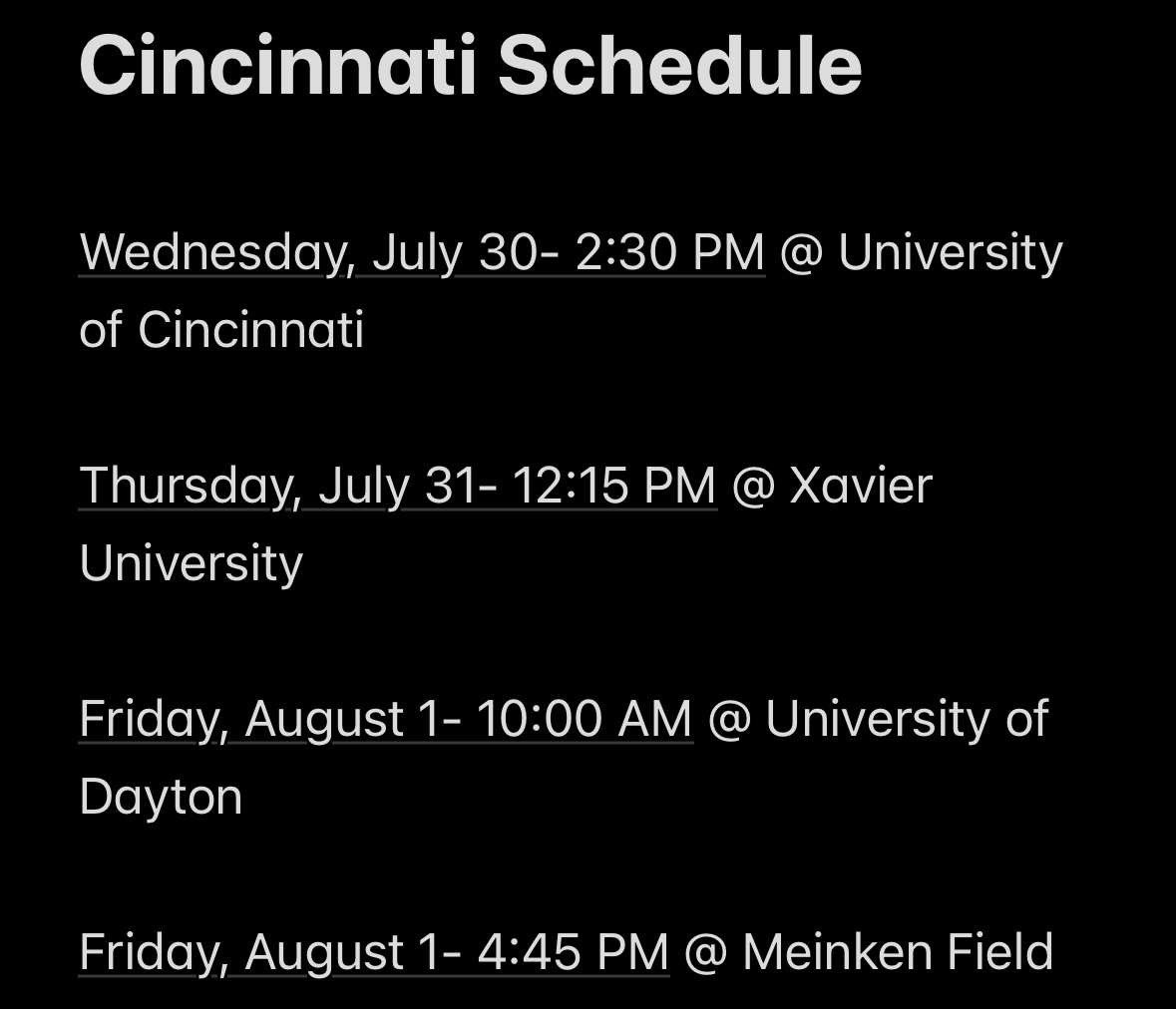 Schedule for TOC in Cincinnati