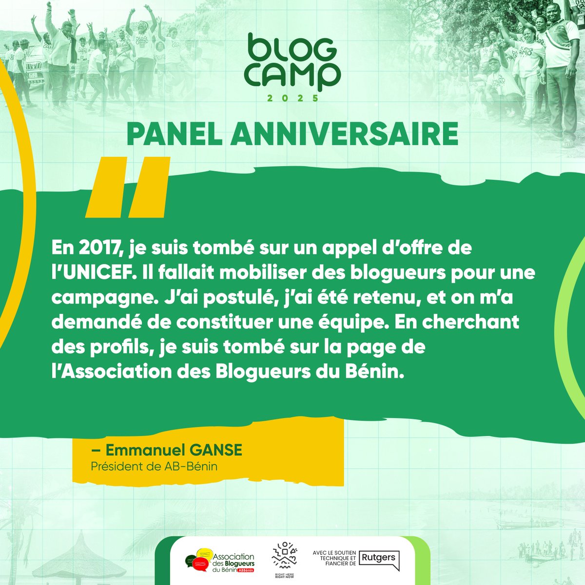 «En 2017, je suis tombé sur un appel d’offre de l’UNICEF. Il fallait mobiliser des blogueurs pour une campagne. J’ai postulé, j’ai été retenu, et on m’a demandé de constituer une équipe. En cherchant des profils, je suis tombé sur la page de l’Association des Blogueurs du Bénin.»