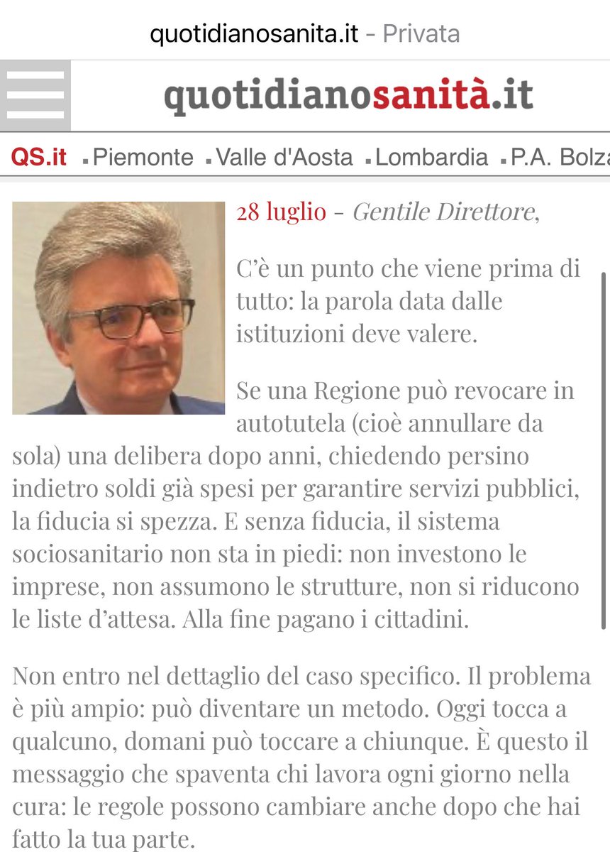 Sulla decisione inaspettata e illegittima della <a href="/RegioneER/">Regione Emilia-Romagna</a> di revocare una delibera dopo anni, interviene con una lettera al <a href="/QSanit/">Quotidiano Sanità</a> Luca Pallavicini - Presidente Nazionale <a href="/Confcommercio/">Confcommercio</a>  Salute, Sanità e Cura 

Leggi la lettera quotidianosanita.it/lettere-al-dir…